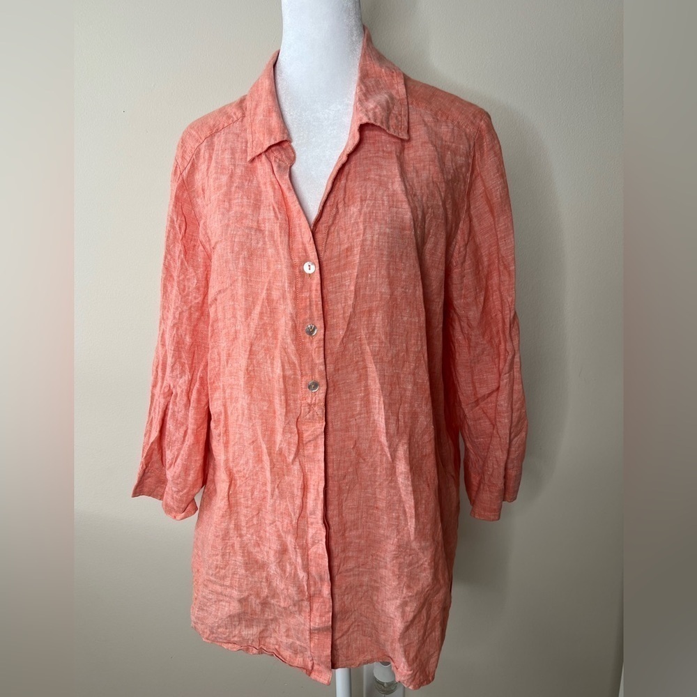 ! Chico's Coral Orange Linen Long Sleeve Button Up Top
